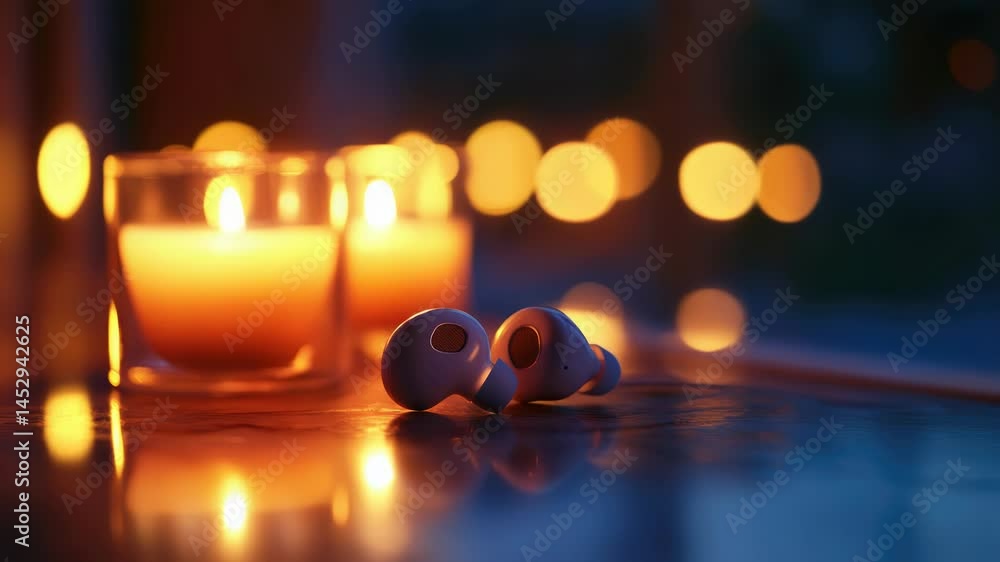 Poster a pair of earbuds resting on a table surface