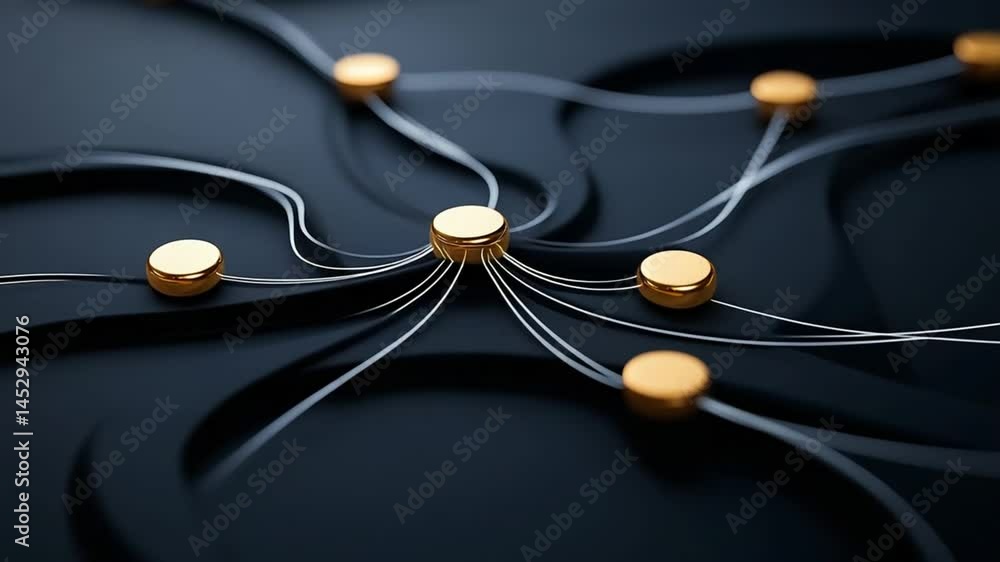 Poster abstract close-up of golden nodes connected by thin wires on a dark background for technology and ne