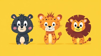 Cute cartoon animals, adorable leopards and lion