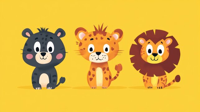 Cute cartoon animals, adorable leopards and lion