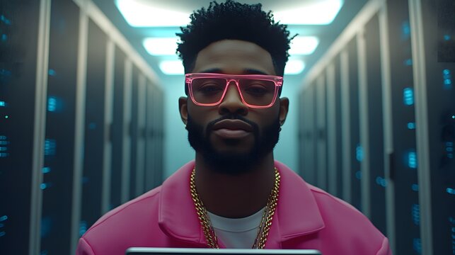 Stylish Man in Pink Jacket Neon Glasses Server Room