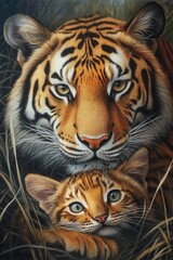 Obraz premium Tiger and cub playing on the background of the savannah. Realistic style.