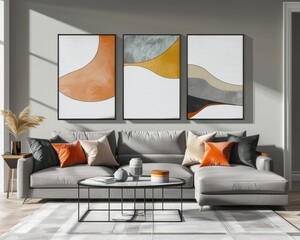 stylish Scandinavian-style living room with three blank frames, grey sofa, coffee table, and natural light, perfect for 3D render mockup and modern home decor template
