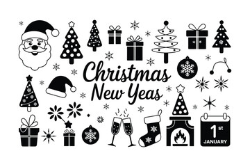 Christmas and New Year Celebration Icons and Lettering in Black and White
