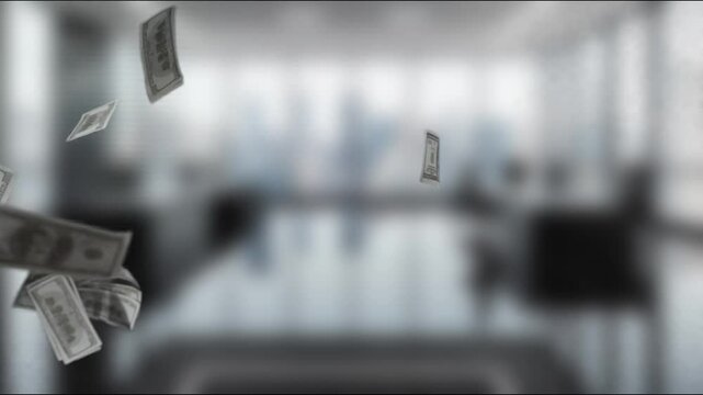 Dollar bills float gracefully in a contemporary office setting, symbolizing finance, wealth, and the dynamic spirit of business in today's economy. MZL