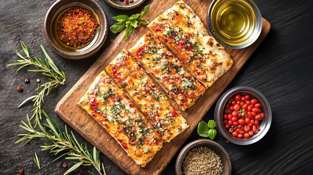 Overhead shot of flatbread pizza on wooden board