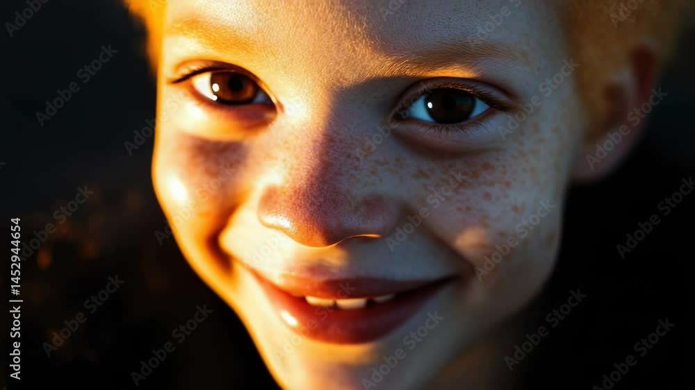 Poster a close-up portrait of a young child with distinctive freckles on their face