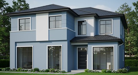 Under construction two-story villa with concrete block and brick walls, showcasing modern design—perfect for construction, residential development, and real estate projects.