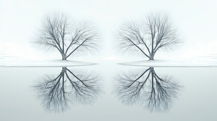 A minimalist winter scene with bare trees and their silhouettes mirrored on a calm, icy lake under a pale gray sky. [Fractal Eden] | Symmetry Grove | mirrored trees. Illustration