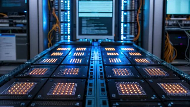 A high-tech server room featuring illuminated data storage units and complex wiring, emphasizing modern computing infrastructure.