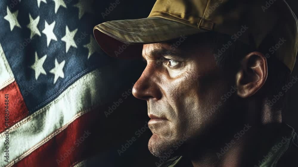 Poster A person with a hat on, gazing directly at the viewer
