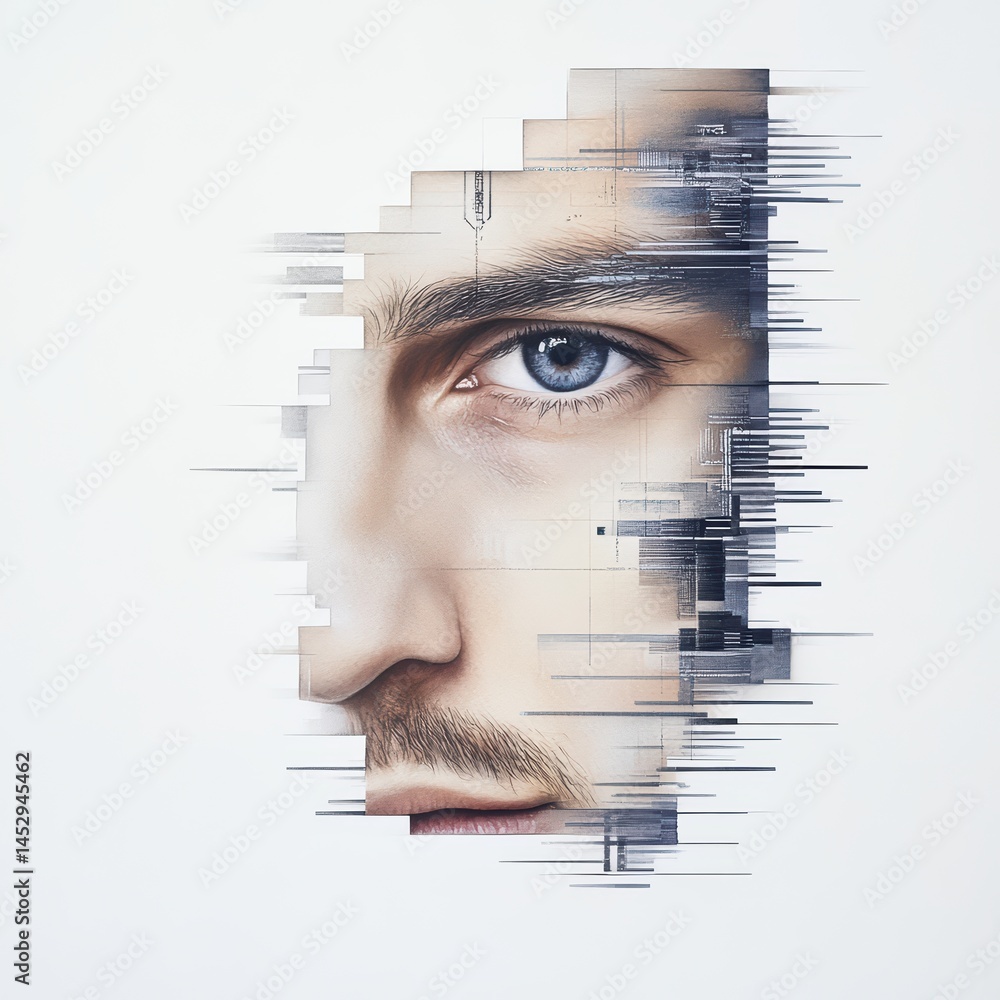 Poster artistic portrayal of a human face blended with abstract geometric patterns and digital elements
