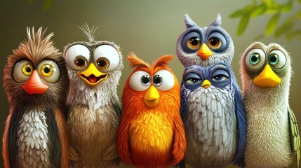 Group of stylized cartoon birds