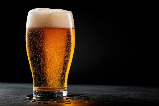 Golden beer in glass with foam head on black background and floor condensation, ideal for beverage advertising, menu covers, and pub visuals