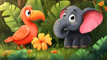 Jungle friends, toucan and elephant, interacting