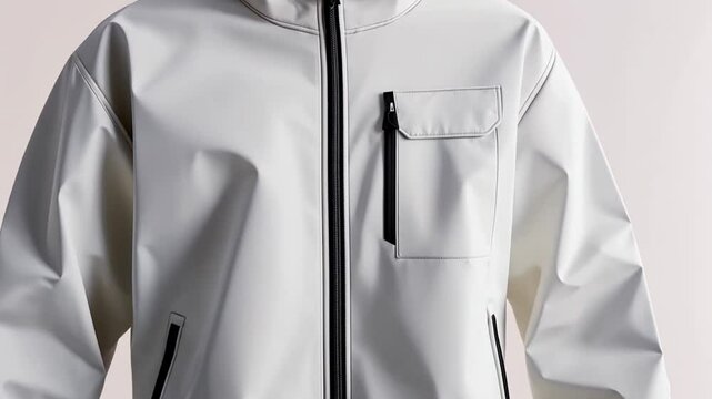 Cream-colored waterproof jacket, studio shot, neutral background. Possible use Fashion catalog