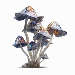 Cluster of iridescent mushrooms in dark setting