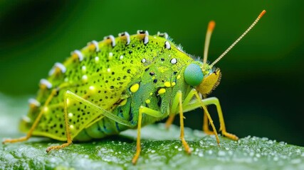 A close-up shot of a green insect sitting on a leaf