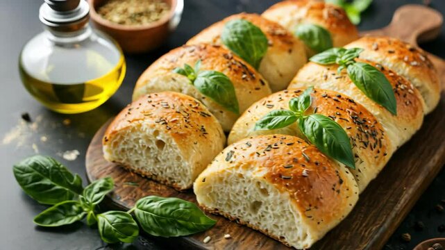 Artisan bread loaf with basil and olive oil.