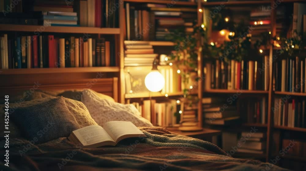 Poster A book lies open on a bed with a bookshelf behind it, perfect for reading and relaxing