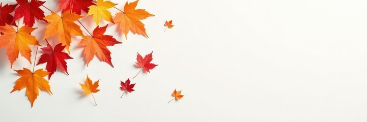 Obraz premium Tiny leaves of maple tree fall on clean white surface, white, color