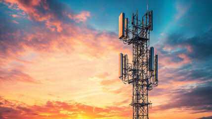 Fototapeta premium Telecommunication tower under starry sky at colorful twilight scene
