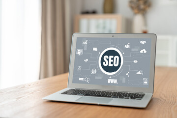 SEO search engine optimization for modish e-commerce and online retail business showing on computer...