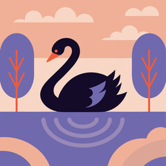 Obraz premium A serene black swan glides over a calm lake, reflected in soft pastel hues, capturing peaceful beauty.