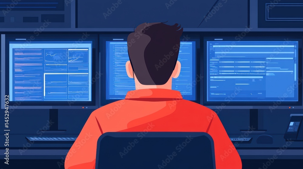 Poster young professional analyzing data on multiple computer monitors in a dark office environment