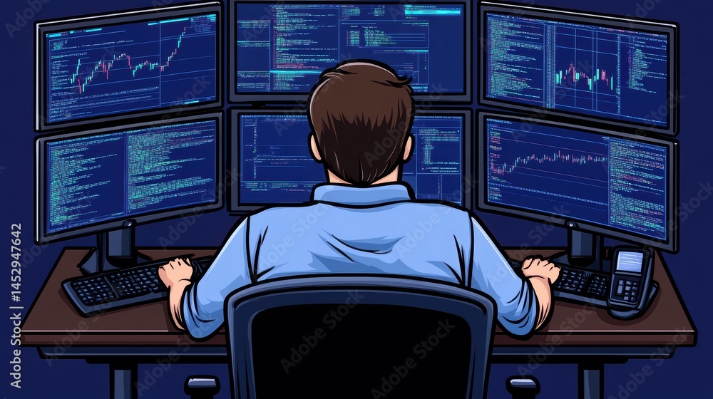 Poster professional trader analyzing financial data on multiple computer monitors in modern office environm