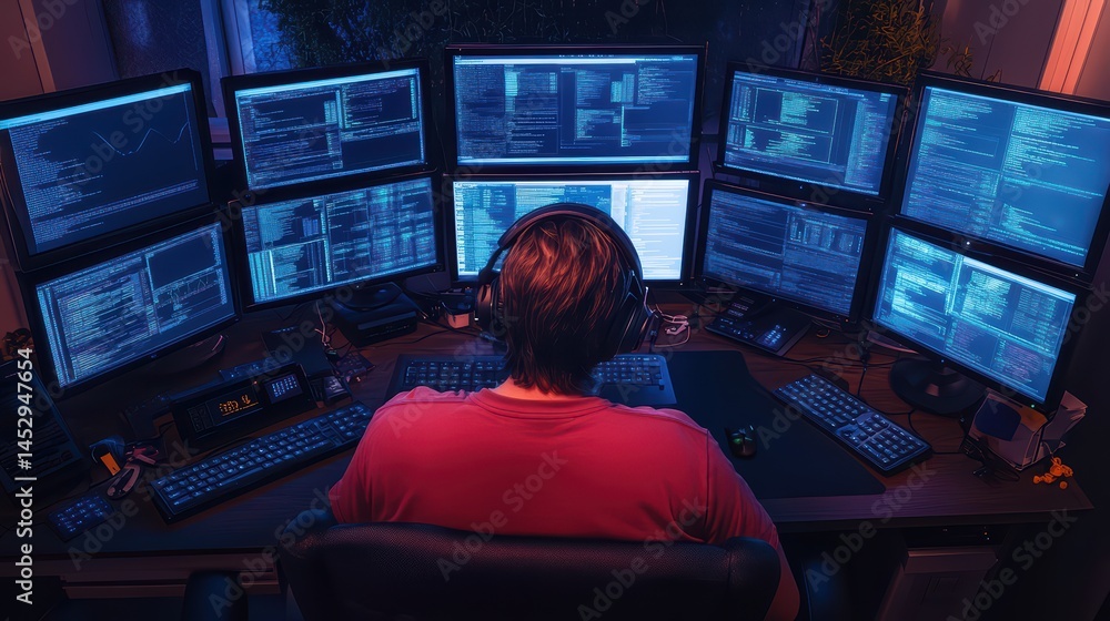 Poster person working in dark room with multiple monitors displaying code, technology, and data analytics i