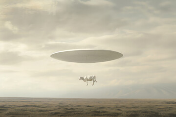 vintage textured surreal collage with a cow being abducted by a ufo in a desert, a humorous and whimsical concept