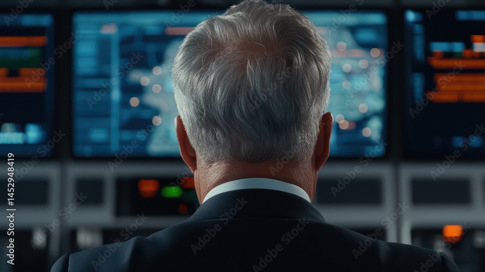 Poster professional individual observing data analysis on multiple screens in a modern control room setting