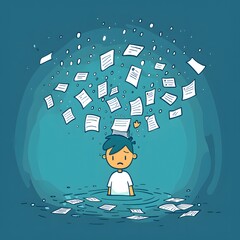 Sad Cartoon Boy Surrounded by Falling Documents in Blue Space