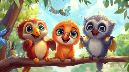 Three cute, colorful birds and a lemur friend on a branch, surrounded by lush foliage and flying birds