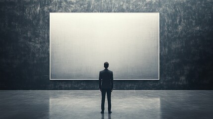 Obraz premium Contemplation Before Blank Canvas: A Man Gazes at a Large, Empty Art Piece in a Modern Gallery Setting