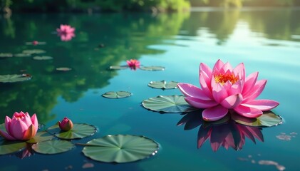 Vibrant floral motif imprinted on tranquil lake surface , floral, water, vibrant