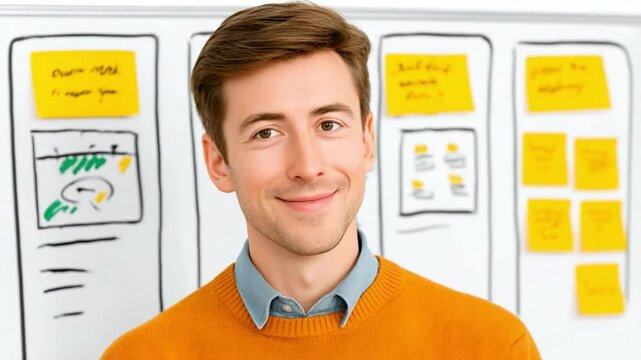 Brainstorming with a Smile: A close-up shot of a cheerful individual stands confidently, brainstorming in front of a whiteboard filled with vibrant sticky notes, symbolizing innovation and progress.
