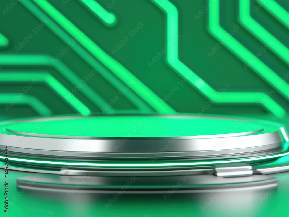 Poster modern green circuitry background with empty round platform for product display and presentation in 