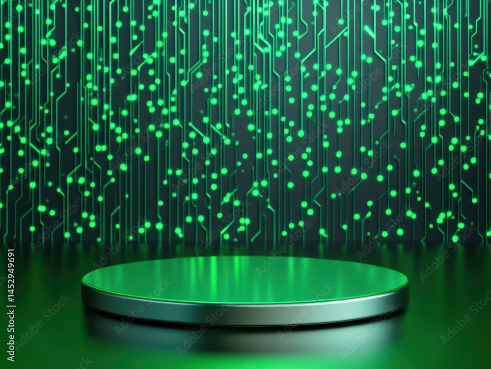 Poster futuristic circular platform on a dark green background with digital data patterns and circuits