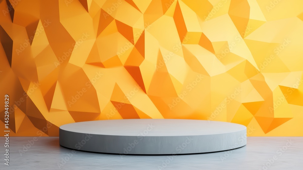 Poster modern stage display with geometric yellow wall and circular platform for presentations and events