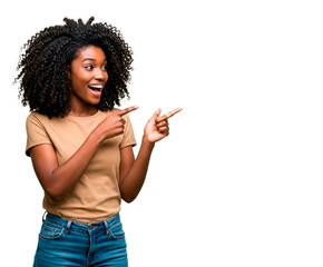 Casually dressed black woman pointing at something to the side on white background. Image for use in design. Template ready.