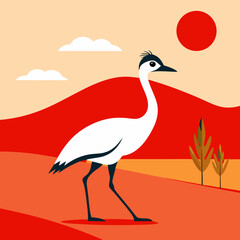 A minimalist vector of an Australian Emu walking in a red desert landscape.