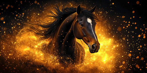 wild horse running in a black background on fire