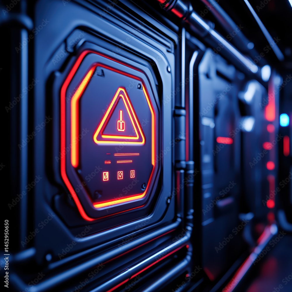 Poster futuristic warning sign on a dark control panel with glowing red lights in a high-tech environment