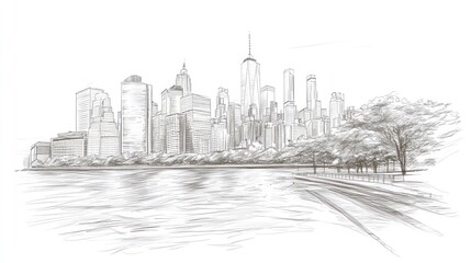 Cityscape sketch with skyscrapers and waterfront