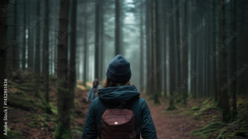Poster a person with a backpack walks through a dense forest, surrounded by trees and foliage