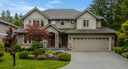 Luxury custom-made house in Vancouver's suburbs, featuring a beautifully landscaped front yard, a driveway to the garage, and an upscale design on a sunny summer day.
