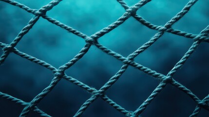 Fototapeta premium Detailed Close-up of a Fishnet Underwater with Soft Light and Blue Tones Creating a Calm Atmosphere