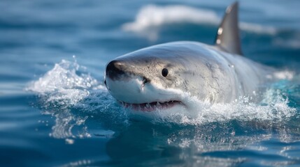 Obraz premium A great white shark swimming in the ocean with its mouth open